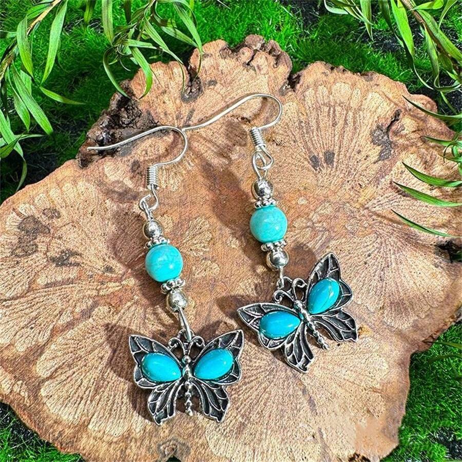 1 Pair Bohemian Vintage Style Earrings, Fashionable Simple Turquoise Butterfly Pendant Earrings - Suitable For Women Summer Beach Jewelry Gifts