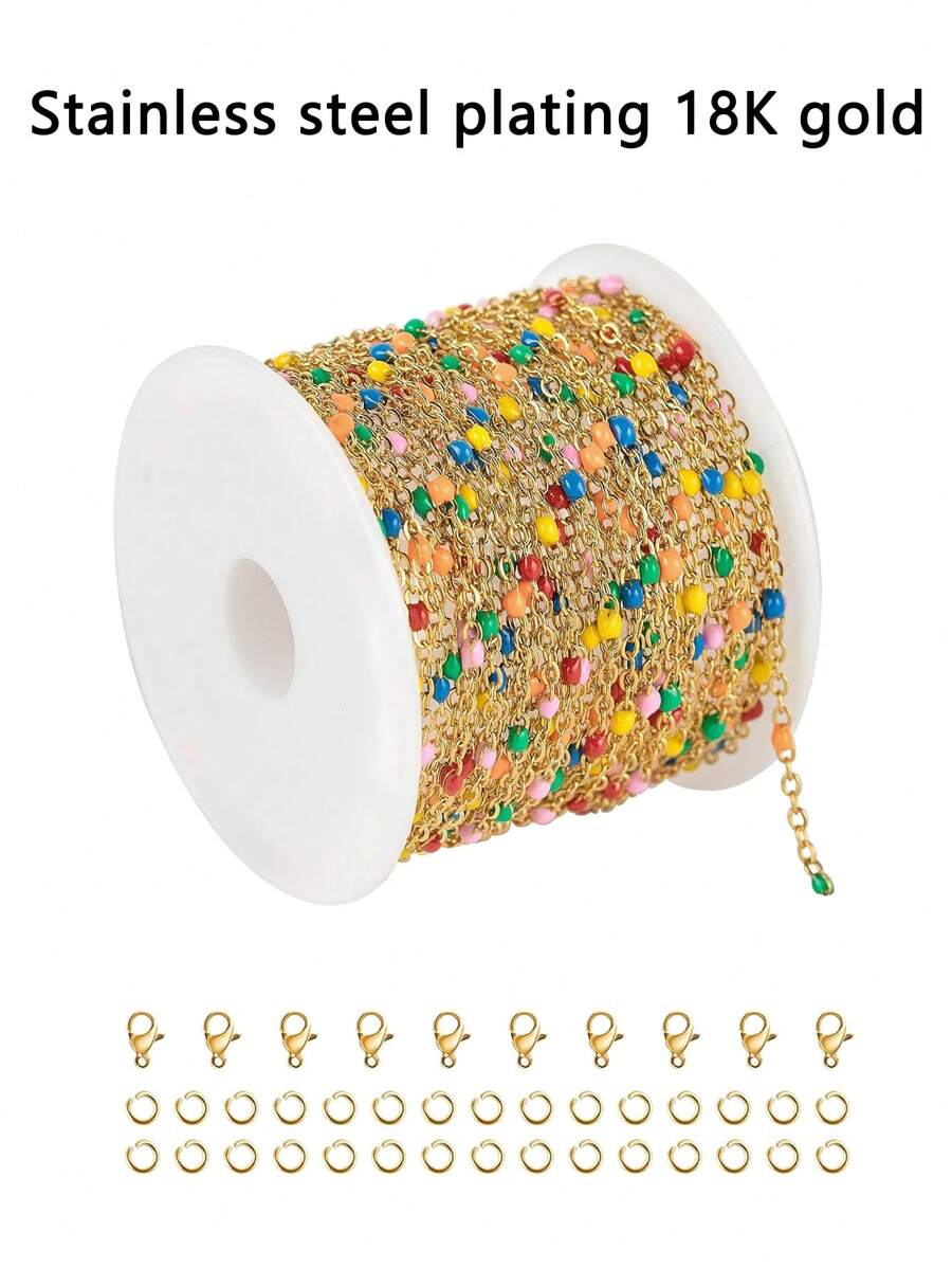 Corrente Dourada de 4,16/1,67/0,83/0,083 Metros para Rolo de Corrente de Contas de Esmalte Multicoloridas Soldadas em Aço Inoxidável. Corrente Multicolorida de Aço Inoxidável (1,67/4,16 Metros) com 10 Molas de Lagosta de Aço Inoxidável e 30 Argolas Abertas, Ideal para Joias DIY como Colares, Corrente de Cintura, Pulseira, Tornozelo e Mais, Uma Corrente Artesanal Muito Exclusiva Revestida a Ouro 18k!