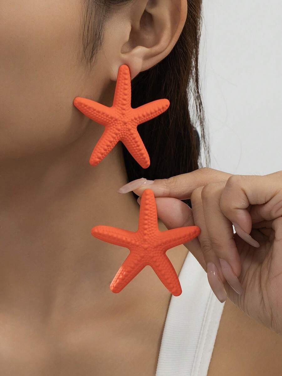 1 paire de boucles d'oreilles vacances à la plage pour femmes avec design d'étoiles de mer orange exagéré et vibrant, bijoux de fête