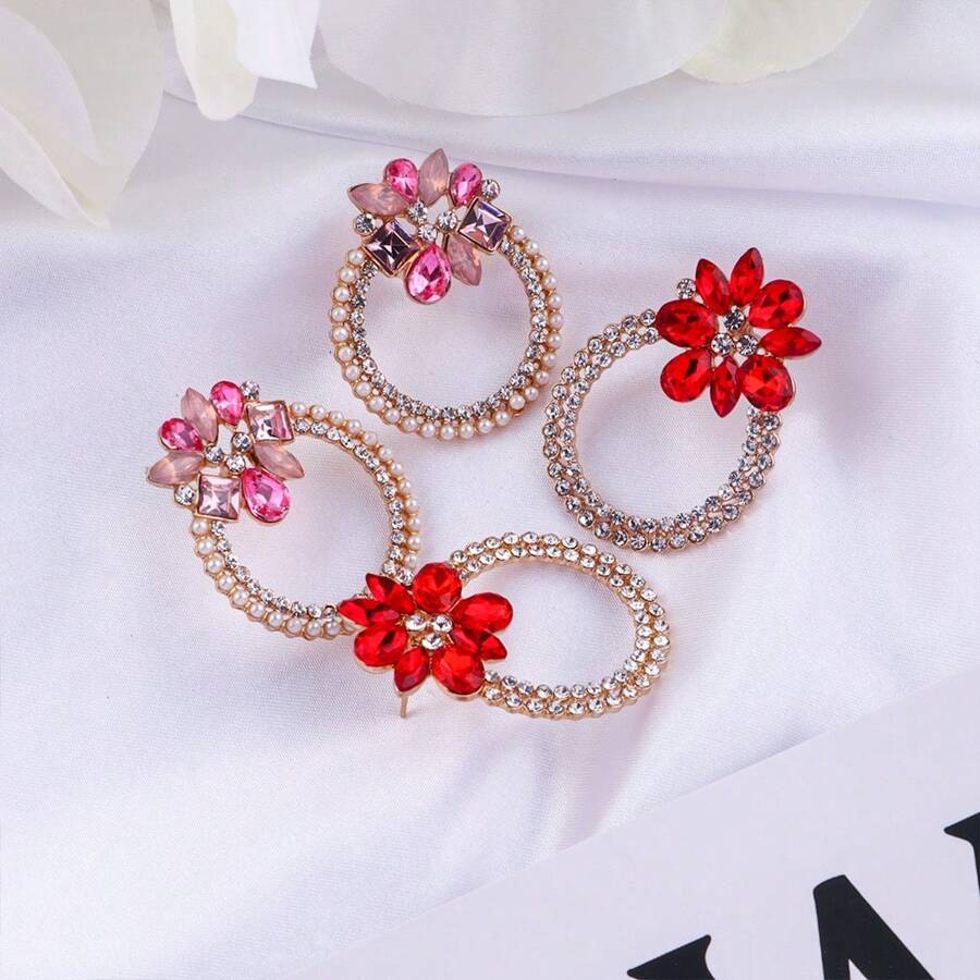 1 Par de Brincos de Pérola Simples Imitando Flor Redonda com Strass Colorido, Adequado para Usar no Dia a Dia, em Casamentos, Banquetes e Festas