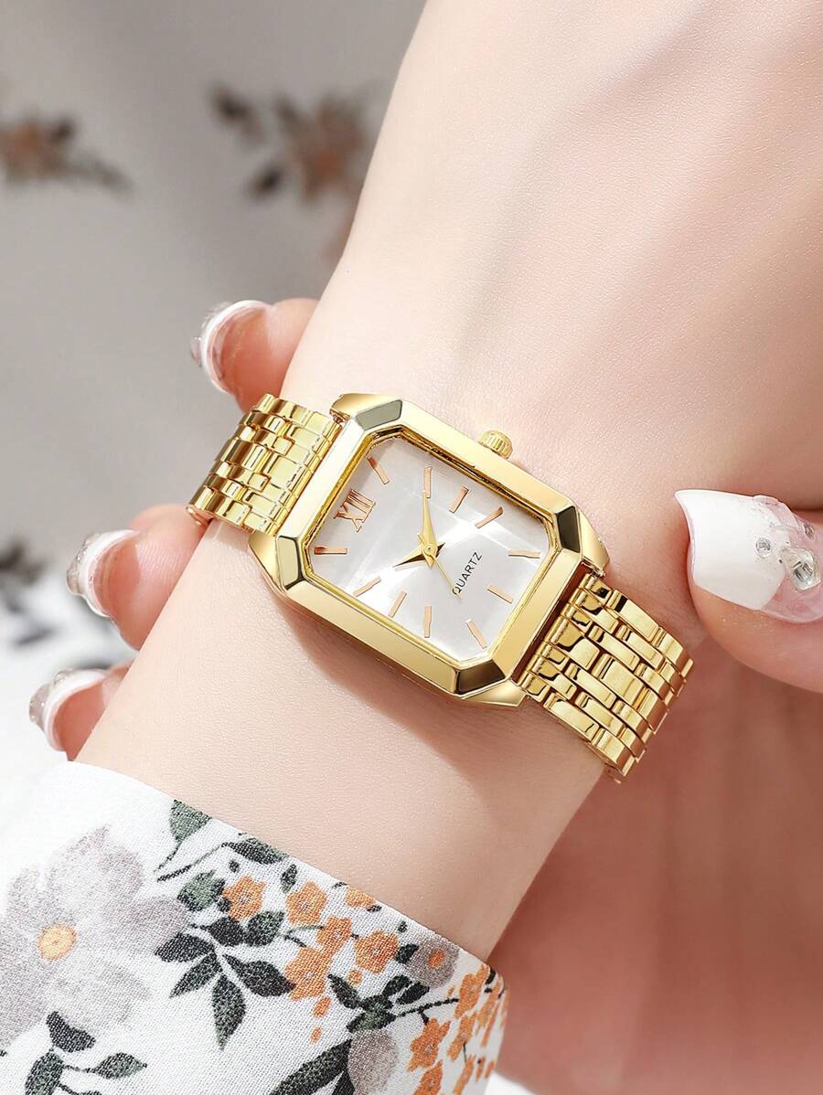 1 pieza Reloj de mujer de cuarzo con cadena metálica, esfera pequeña y cuadrada con numeración romana, acero inoxidable, adecuado como regalo para vuelta al colegio, cumpleaños, aniversario u Halloween