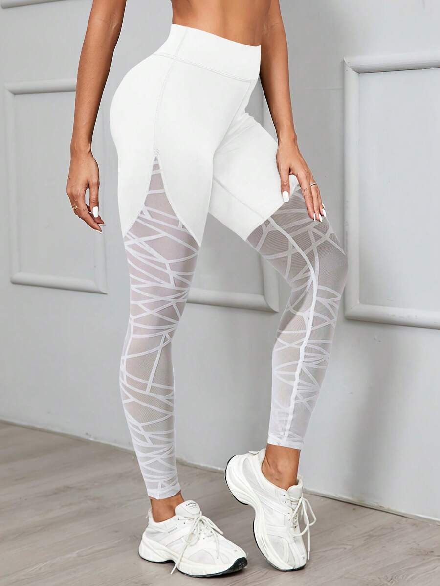Women High Waisted Geometric Mesh Patchwork Yoga Pants, Women's Elastic Tight Exercise Leggings, Breathable Geometric Mesh Patchwork Fitness Base Layer Pants
