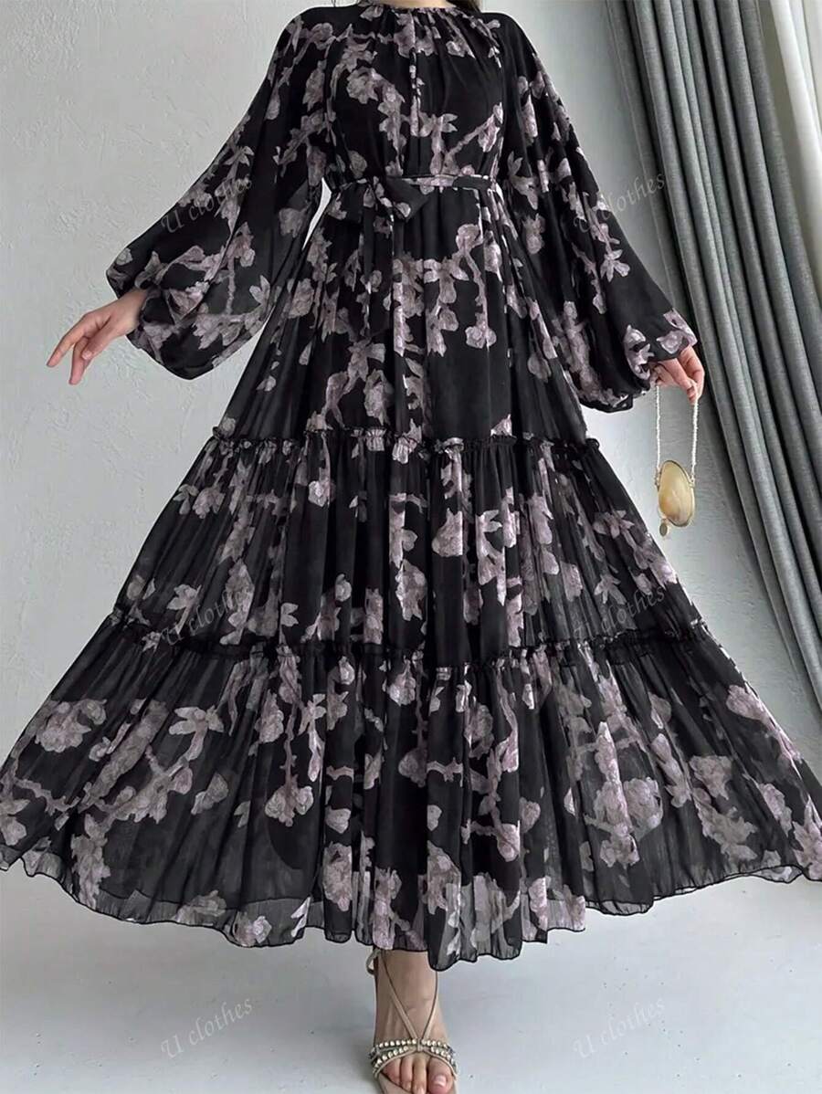 Vestito lungo e sottile da donna per l'estate, con stampa su tutto il corpo, cintura e fodera