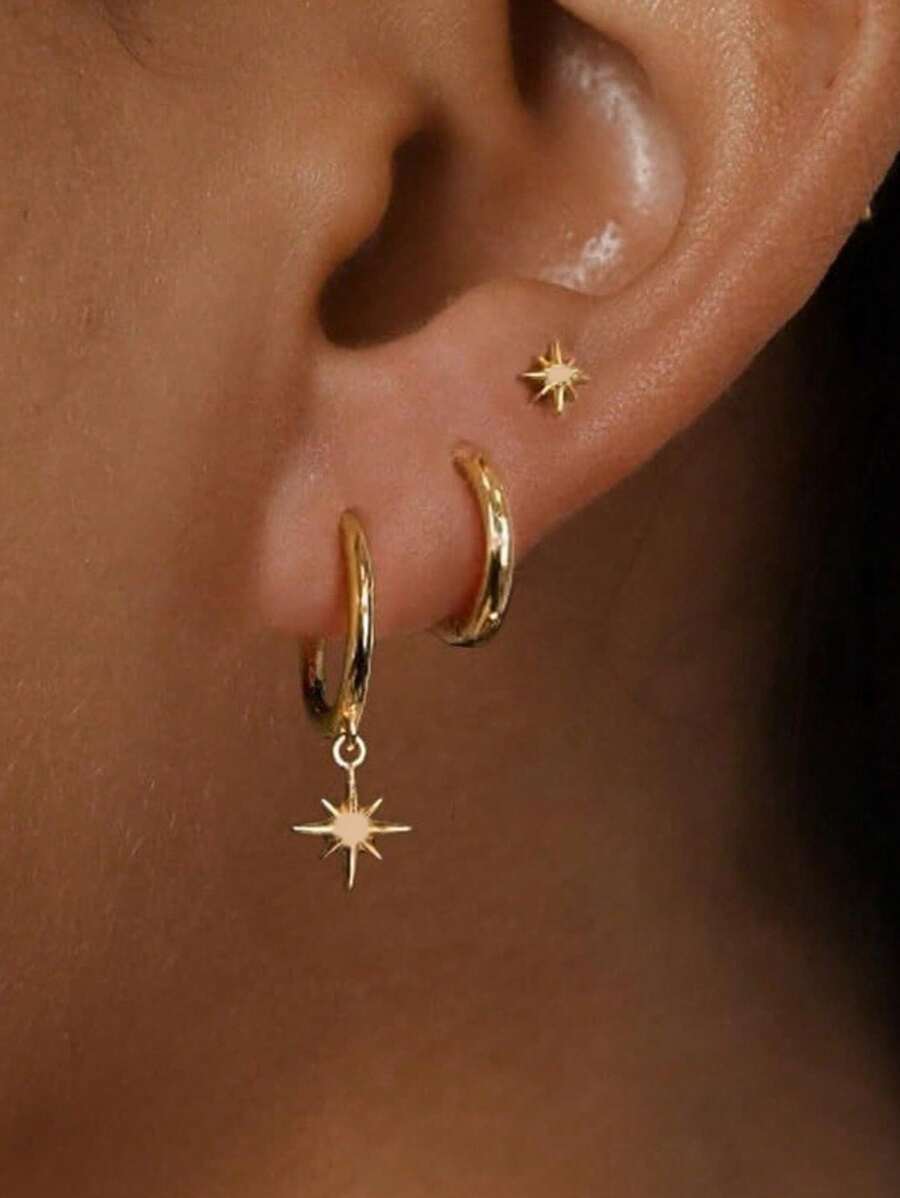 Juego de 3 piezas de pendientes colgantes de estrella redonda de acero inoxidable enchapados en oro de 18K para mujeres, joyas unisex de estilo punk rock