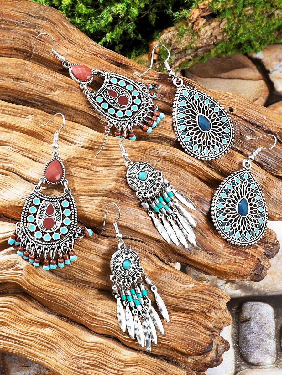 3 Pares de Aretes con Diseño Bohemio para Mujer, Pendientes con Cuentas Geométricas Vintage en Plata, con Borlas en Forma de Lágrima, Accesorios de Joyería Versátiles para Uso Diario, Fiesta y Todas las Estaciones