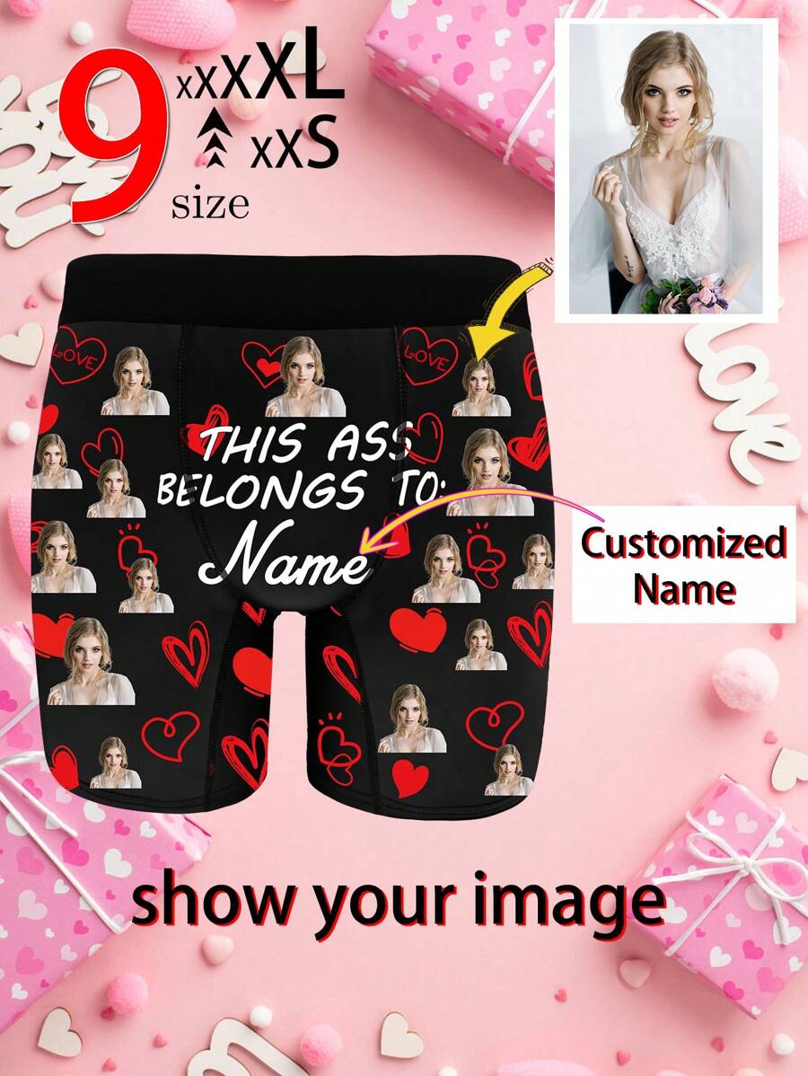 1 pieza Calzoncillos personalizados con foto y nombre - Ropa interior con diseño personalizado impreso con foto y texto, calzoncillos divertidos con rostro, regalo para el Día de San Valentín/Aniversario/Boda/Fiesta/Cumpleaños, regalo sexy y divertido para papá/esposo/novio