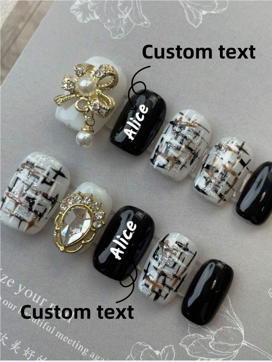 10 piezas de uñas postizas cortas, con texto personalizado y nombre personalizado, arte de uñas de verano, hermosas uñas falsas, hazlo tú mismo, patrón de tartán con lazo dorado, uñas doradas, negras, suministros de uñas reutilizables para niñas, señoras en bodas, fiestas, vacaciones, regalo de un juego de kit de uñas