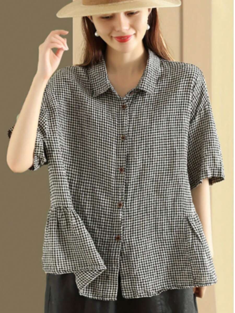 Plus Size Casual Minimalist Plaid Short Sleeve Shirt