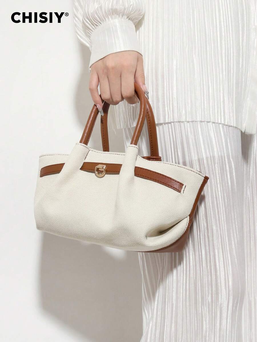 CHISIY Handmade Fashion White With Brown Minimalist Style Tote Bag, Suitable For Business, Casual, Shopping And School, Strap Decor, Metal Accessories, Shoulder Strap, Crossbody, Perfect For Daily, Party And Travel, Lightweight, Vintage Charm, Elegant Personalized, Versatile For Any Occasion, Showcasing Unique Fashion Taste