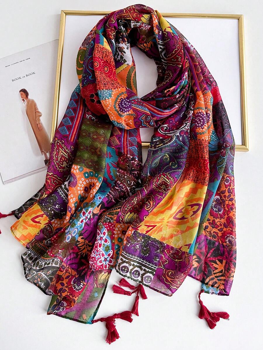 Soft And Breathable Scarf For Women, Lightweight Warm Colorful Print Shawl With Tassels, Perfect For Outdoor And Daily Use Winter Fall