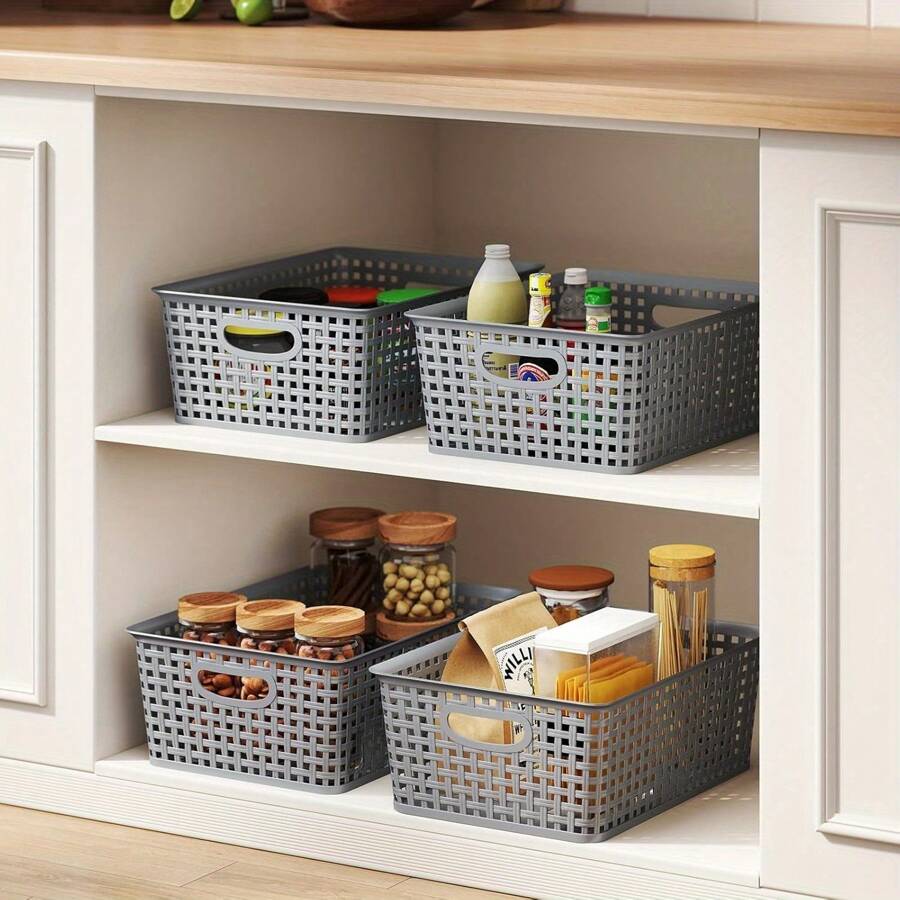 4-Pack Plastic Rattan Storage Baskets, Small Weave Basket Box Set For Kitchen, Bathroom, Bedroom, And Office Organization (L(13.2 X 9.65x 3.55 In))
