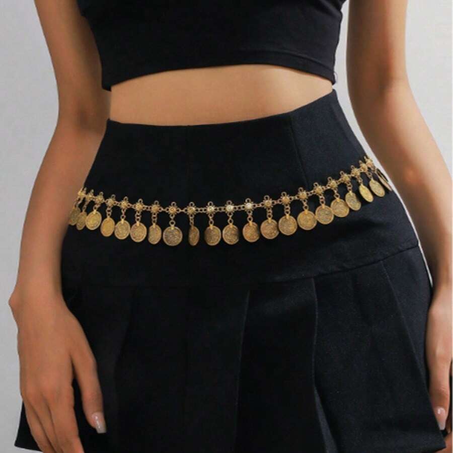 1 pièce Chaîne de taille en métal décoré de motifs floraux rétro et uniques avec usure, ceinture de taille polyvalente de style bohème avec pièces et franges, convient pour le port quotidien, les fêtes et les événements des femmes