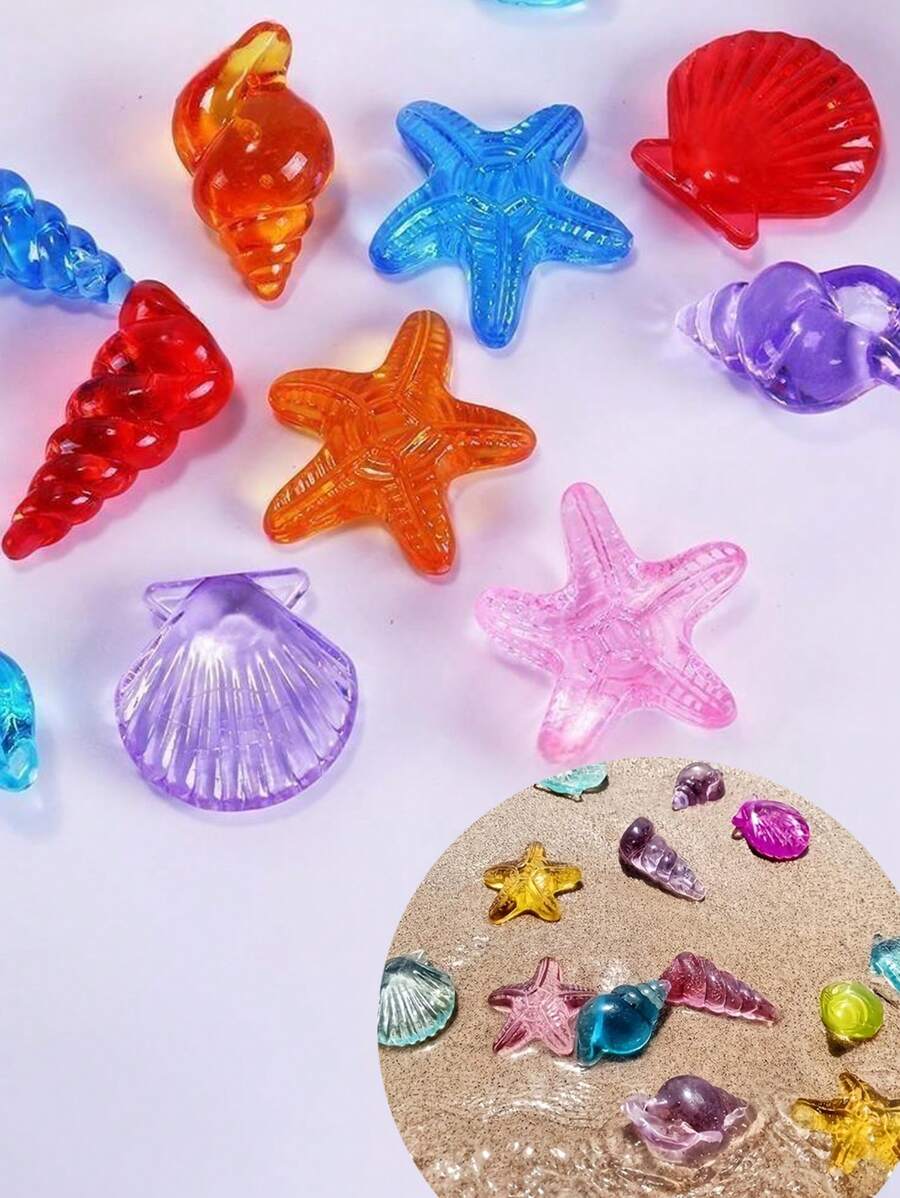 40 piezas Juego colorido de conchas/caracolas/estrellas de mar de acrílico, decoraciones de tesoro de buceo de playa, vacaciones, piscina, decoraciones de gemas marinas, decoraciones de conchas y caracolas, manualidades, decoraciones para fiesta de cumpleaños, navidad, regalos