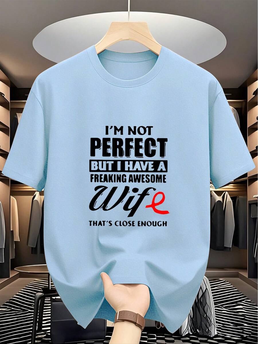 Men's Slogan Printed Round Neck Short Sleeve Casual T-Shirt, Summer