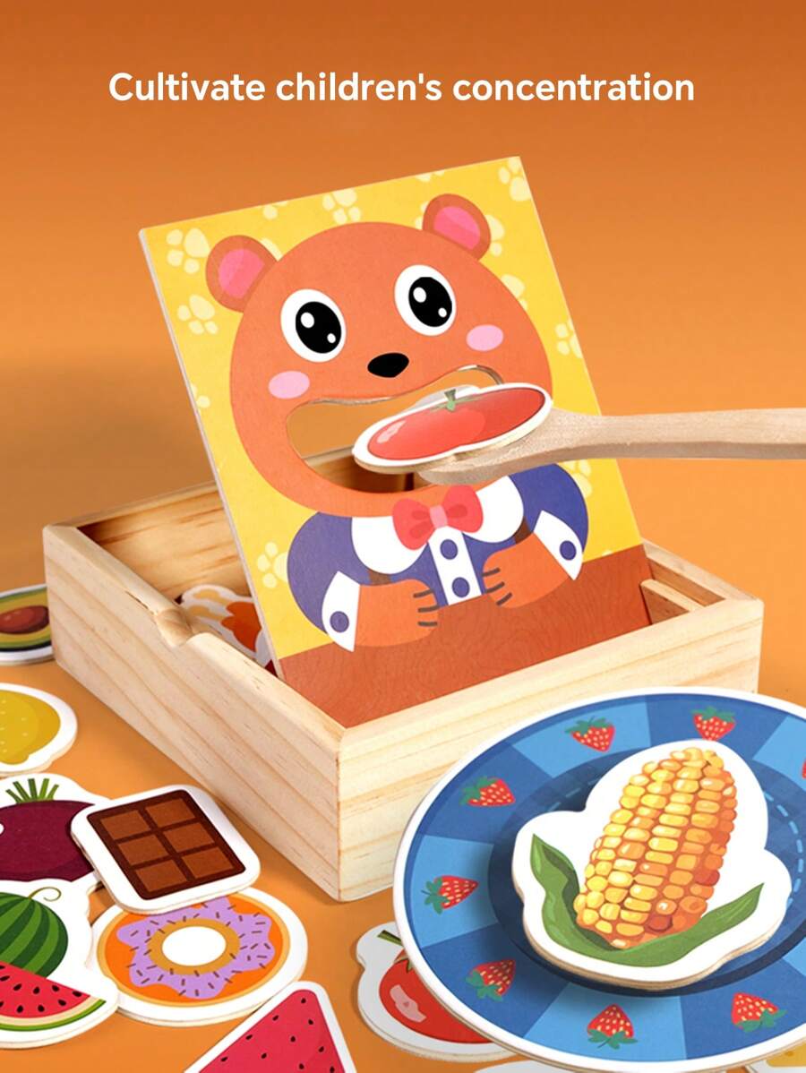 Juego de alimentación Montessori de madera - Actividades de habilidades motoras finas para niños pequeños de 1 a 3 años, interacción entre padres e hijos, juguetes educativos de aprendizaje temprano, juego sensorial para bebés (Rompecabezas de comida de animales)