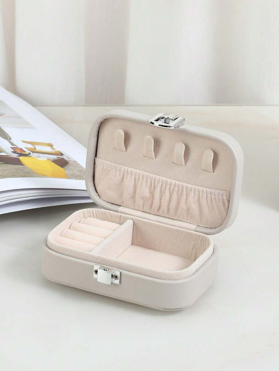 1pc Minimalist New Small Portable Solid Color Double Layer Ear Jewelry, Gray Storage Box, Necklace, Accessory, Earrings, Ring, Jewelry Box, Portable Jewelry & Storage Box For Women Storage Organizer Travel Essentials Gift