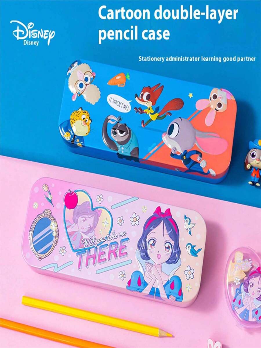 Disney 1pc Disney Double-Layer Metal Stationery & Pencil Case With Cute Cartoon Design, High-Quality Aesthetic Storage Organizer For School, Office, Home Use - Perfect Gift For Back To School, Graduation, Birthday,Pencil Pouch,School Bag