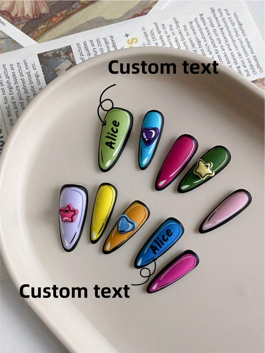 10 piezas de uñas de almendra hechas a mano, con texto personalizado y nombre personalizado, arte de uñas de verano, uñas postizas hermosas, hazlo tú mismo, uñas coloridas con estrellas de dopamina, suministros de uñas reutilizables para niñas y mujeres para bodas, fiestas, vacaciones, regalo de un juego de uñas