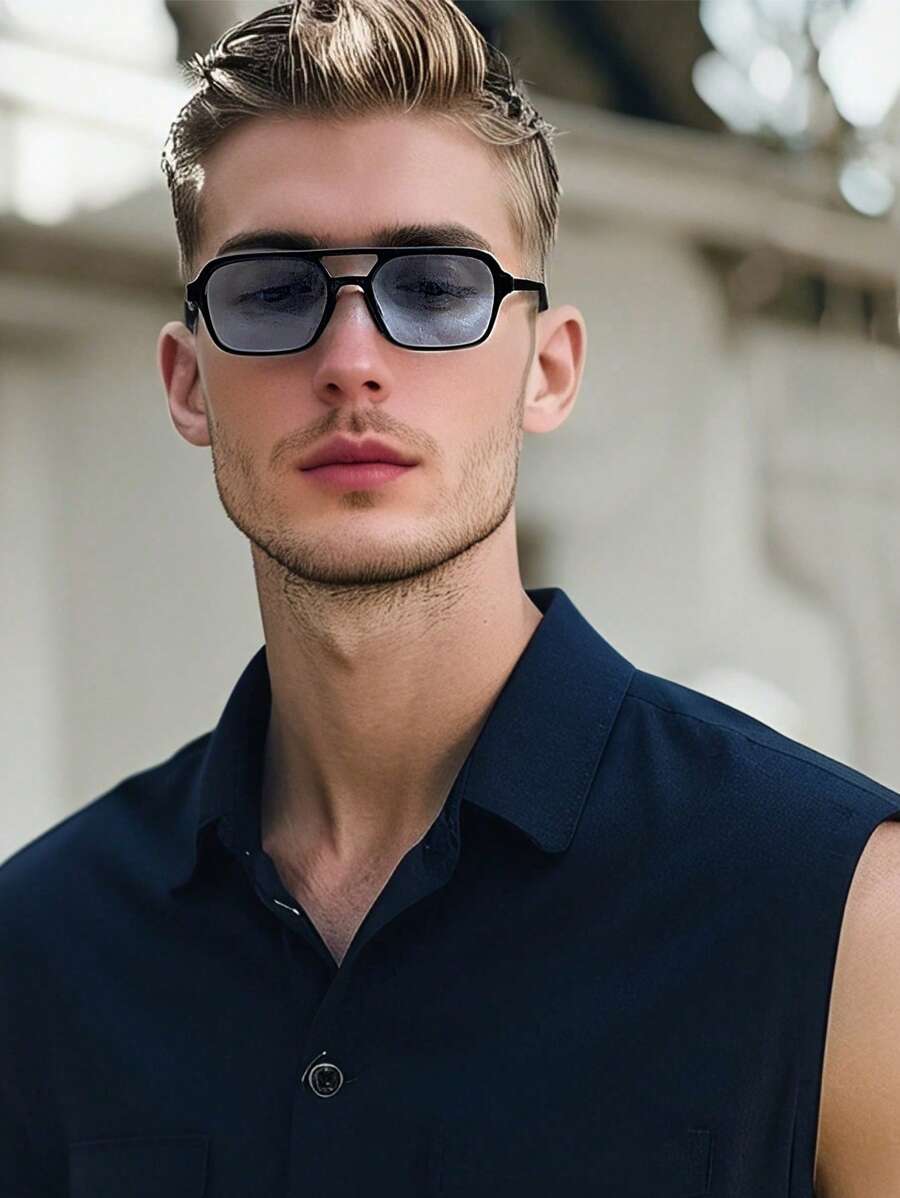 1pc Small Frame Double Beam Square Fashion Glasses, Y2K Fashion Glasses For Men , Suitable For Summer Sun Protection, Beach Vacation, Outdoor Sports, Parties, Travel, Self-Driving, Fishing, Street Photography Decorative Accessories For Summer Beach Vacation,Outdoor,Travel