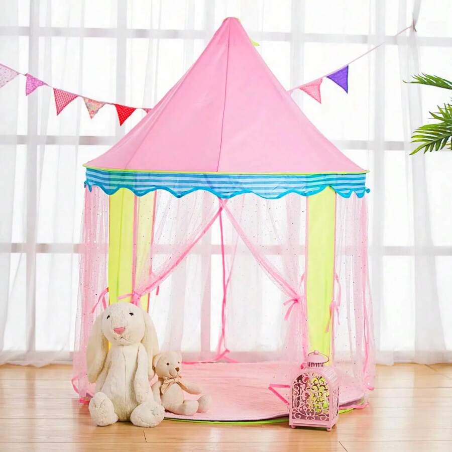 1 pieza Casa de juegos reforzada con castillo de hadas con lentejuelas rosas brillantes, espaciosa sala de juegos secreta con malla transpirable, adecuada para las temporadas de primavera, verano y otoño, regalo de cumpleaños/Navidad/Pascua