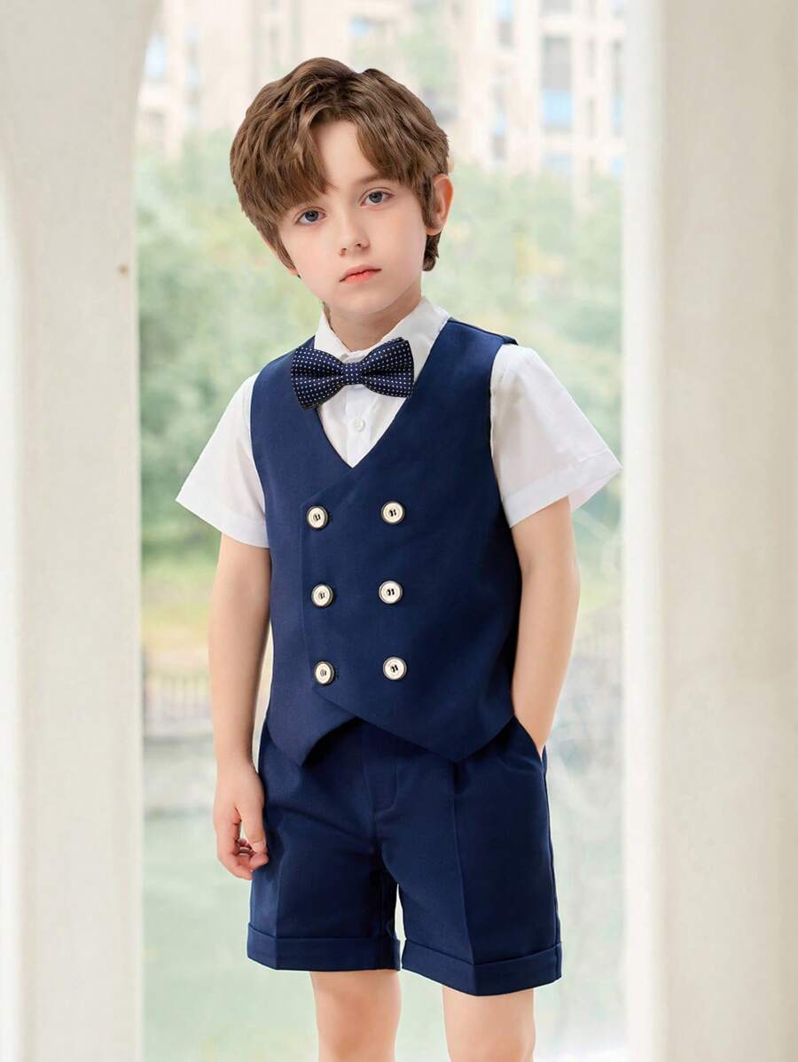 4 Peças Conjunto de Verão para Meninos Jovens - Colete + Shorts + Camisa de Manga Curta + Gravata Borboleta, Adequado para Apresentações Escolares, Pajens de Casamentos, Ocasiões de Feriados