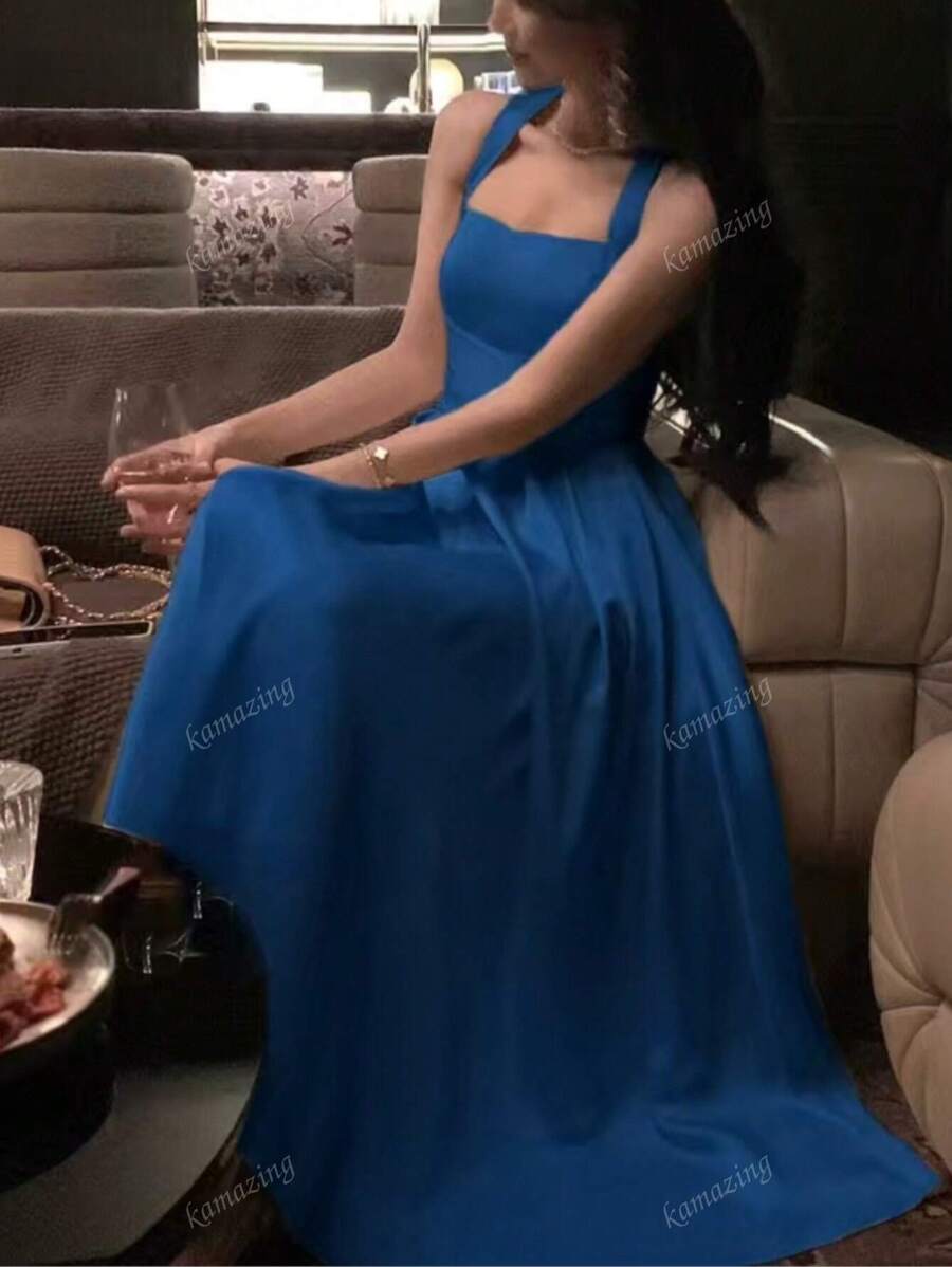 Vestido elegante de dama de honor de línea A con cordones ajustados, sin mangas, unicolor, para fiesta, graduación, midi, para mujer en primavera y verano, de Francia