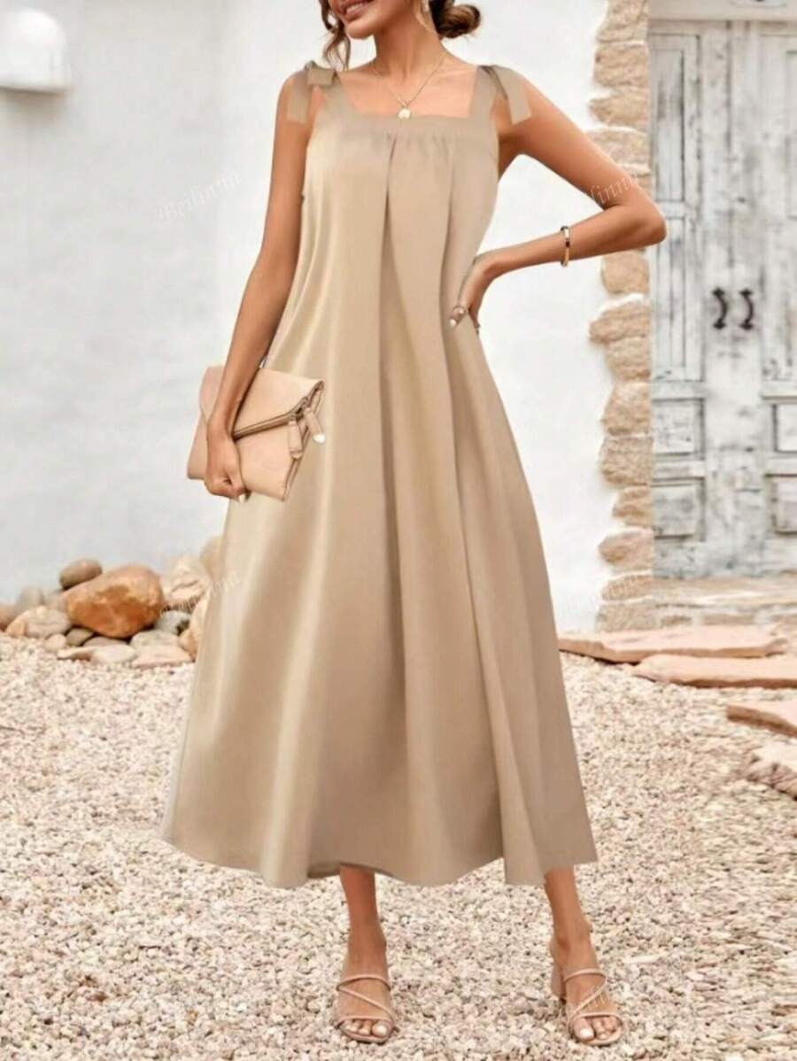 Women's Minimalist Solid Color Tie Shoulder Mid-Length Dress, Summer
