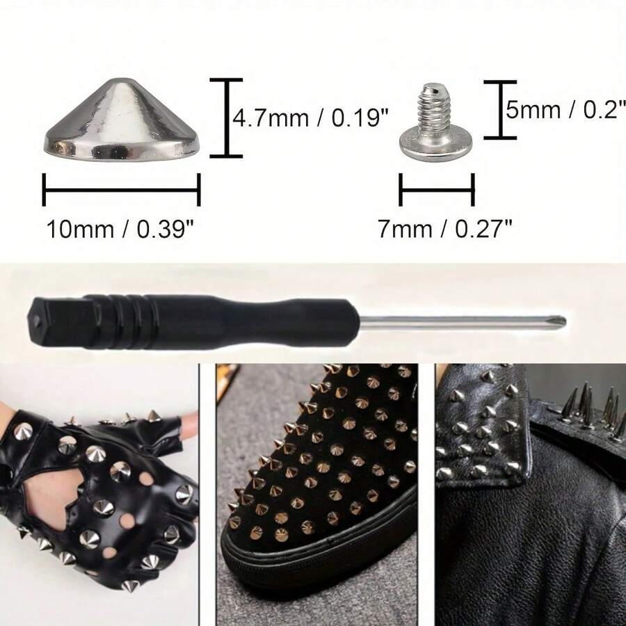 50 Sets Silver Alloy Cone Spikes And Studs, 4.7mm 3/16" Bullet Screw Back Punk Studs For Clothing, Shoes, Leather Craft, Belts, Bags With Installation Tools
