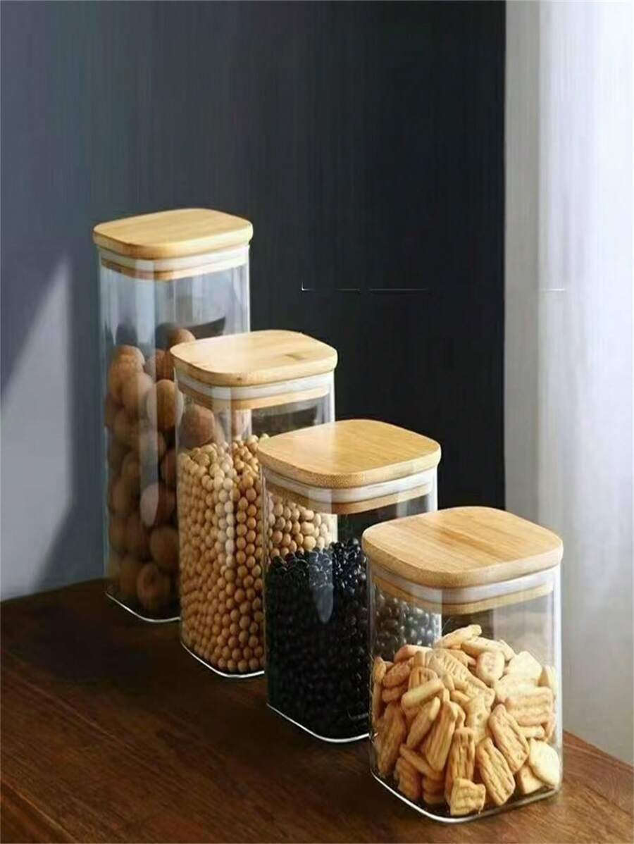 1/4 Piezas Tarros cuadrados de vidrio borosilicatado de alta calidad, contenedores de almacenamiento de alimentos transparentes con tapa hermética, apilables y reutilizables para granos, carnes, frutas y verduras, organización de cocina