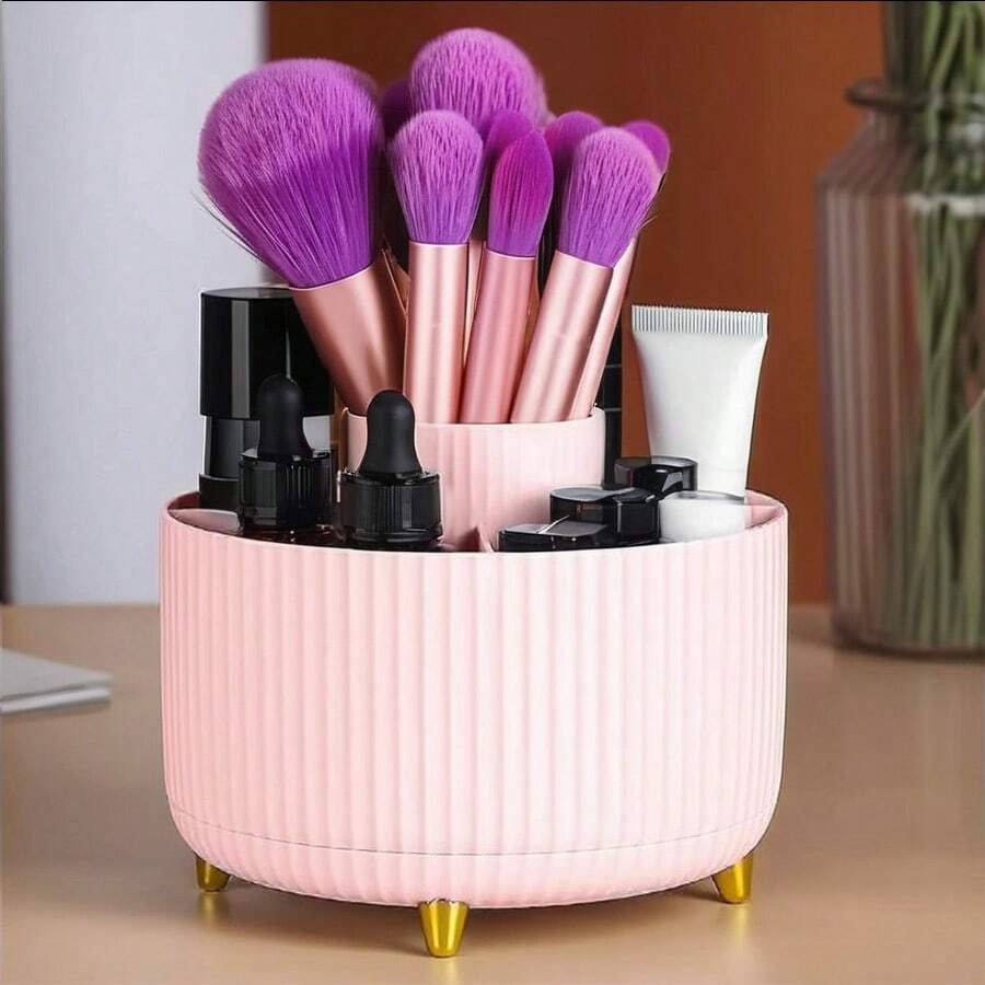 1pc Desktop Rotating Makeup Storage Box, Stationery Storage Box, Pen Holder, Cosmetics Display Rack, Multifunctional Makeup Brush Storage Bucket, Skincare Product Storage Box, Plastic Makeup Brush Storage Box