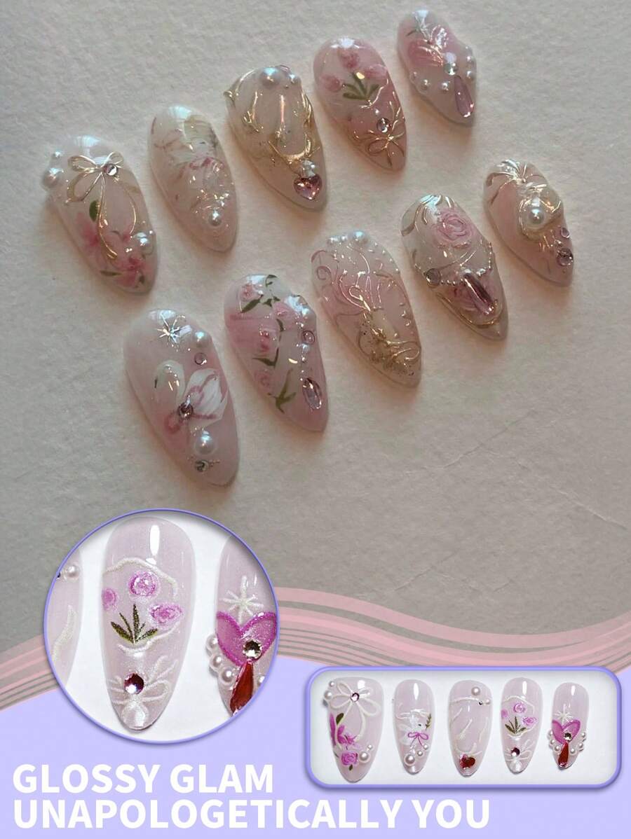 Set de 10 envoltorios de uñas hechos a mano con perlas, con diseño de lazo encantador y cisne blanco con strass, ultradelgado sin residuo, acabado brillante que crea una apariencia elegante, perfecto para las uñas del Día de San Valentín