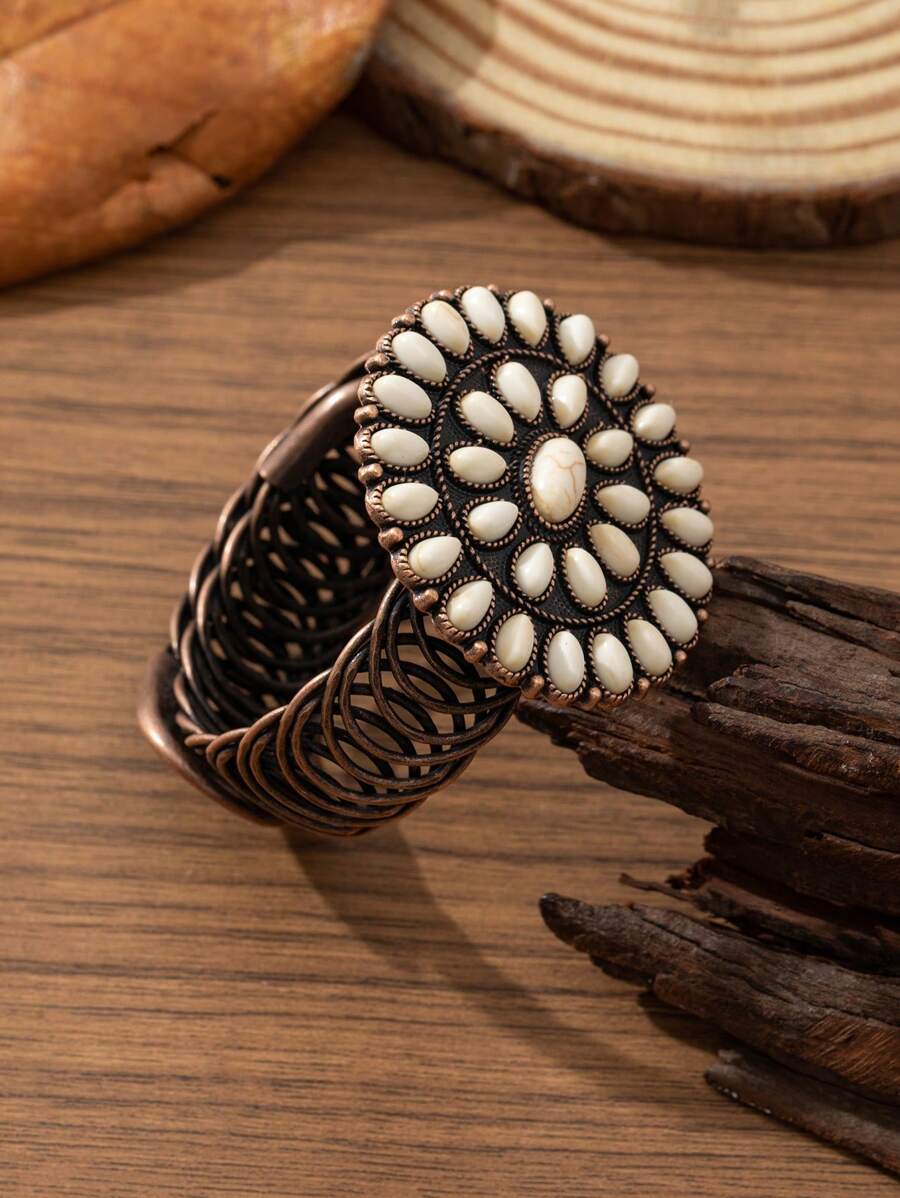 1 pièce Bracelet Manchette Vintage Bohème Style Unique Fleur Larme en Alliage de Zinc Cuivre Antique pour Femme, Convient pour Assortir les Tenues, Porter au Quotidien et Aux Vacances