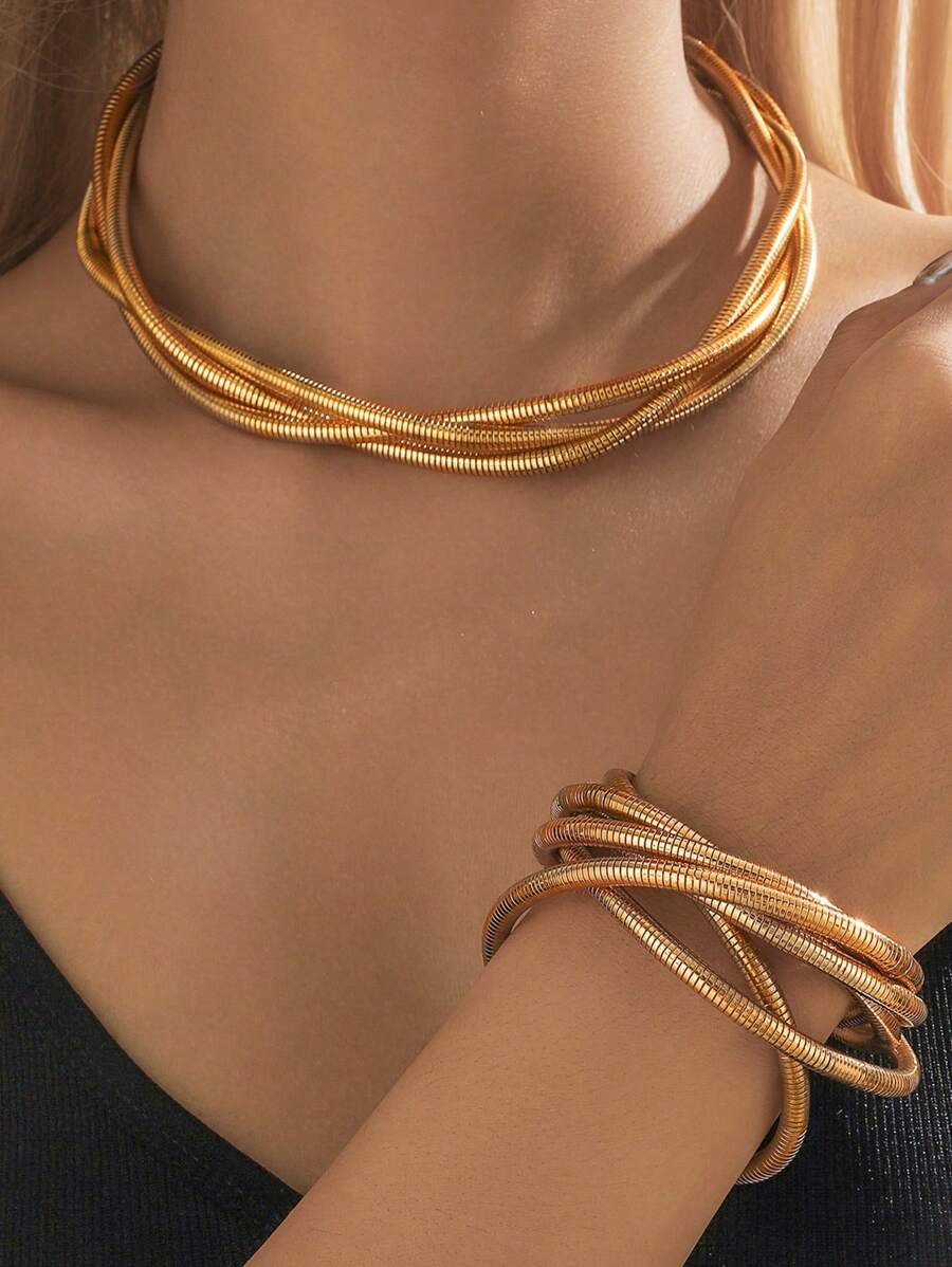 2 Peças Conjunto de Joias com Colar e Pulseira de Corrente Multicamadas, Cor Dourado Minimalista