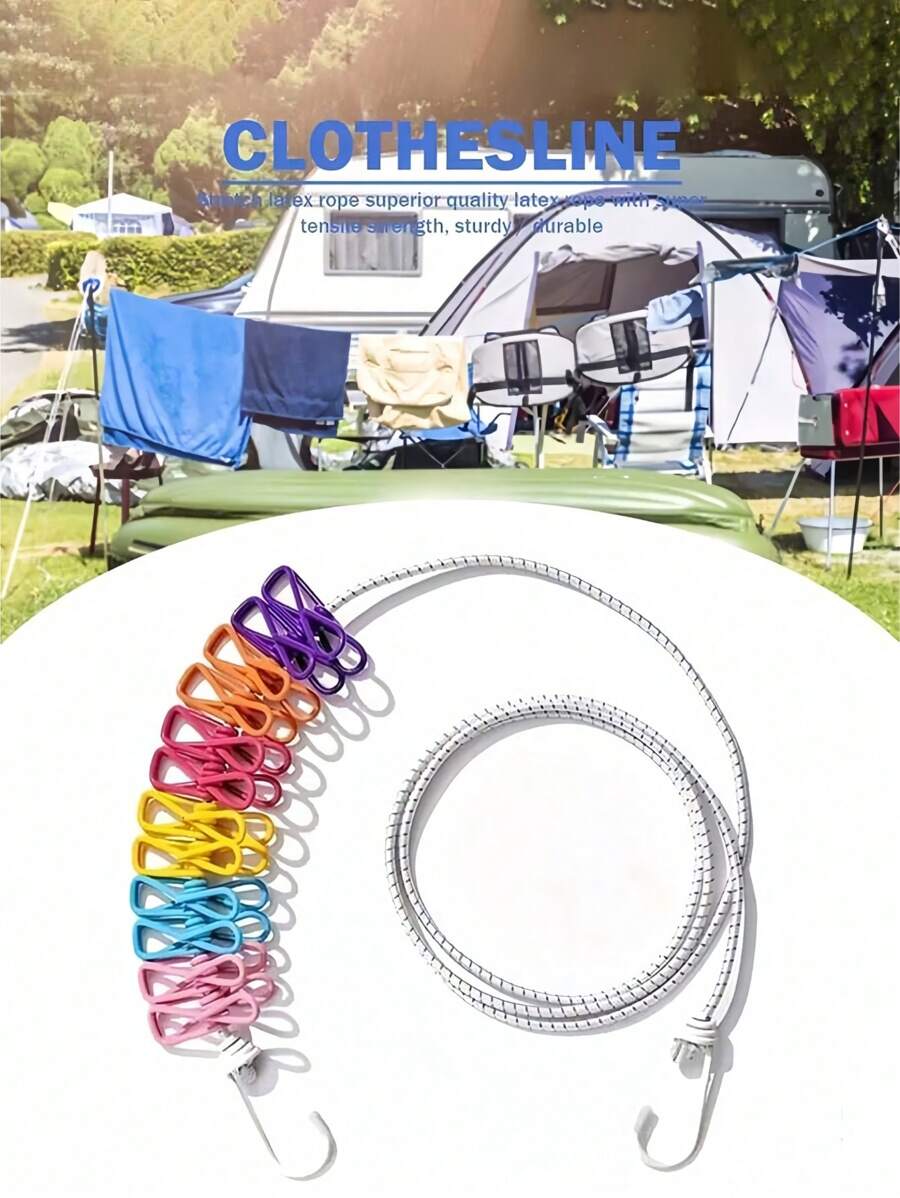 Portable Elastic Retractable Clothesline With 12 Clips - Elastic PVC Coated, Length 70.87 Inch, Suitable For Outdoor Travel And Home Use, Suitable For Backyard, Resort Hotel, Balcony Clothes Drying, Travel Clothesline For Socks And Small Items | Durable Clips, Clothesline Wear Resistant