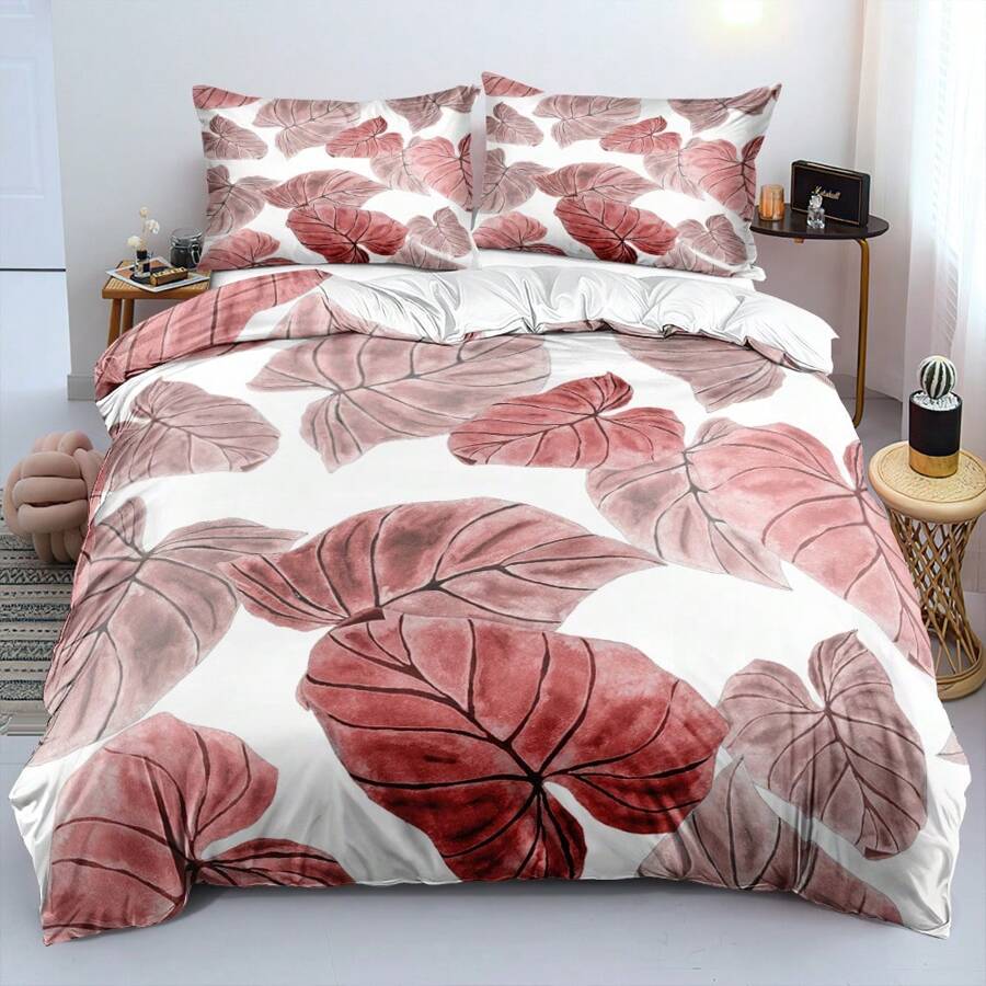 2/3pcs 3D Red Palm Leaf Print Duvet Cover Set Plants Bedding Set Boys And Girls Bedroom Decor (Size 135x200 Only 1 Pillowcase)