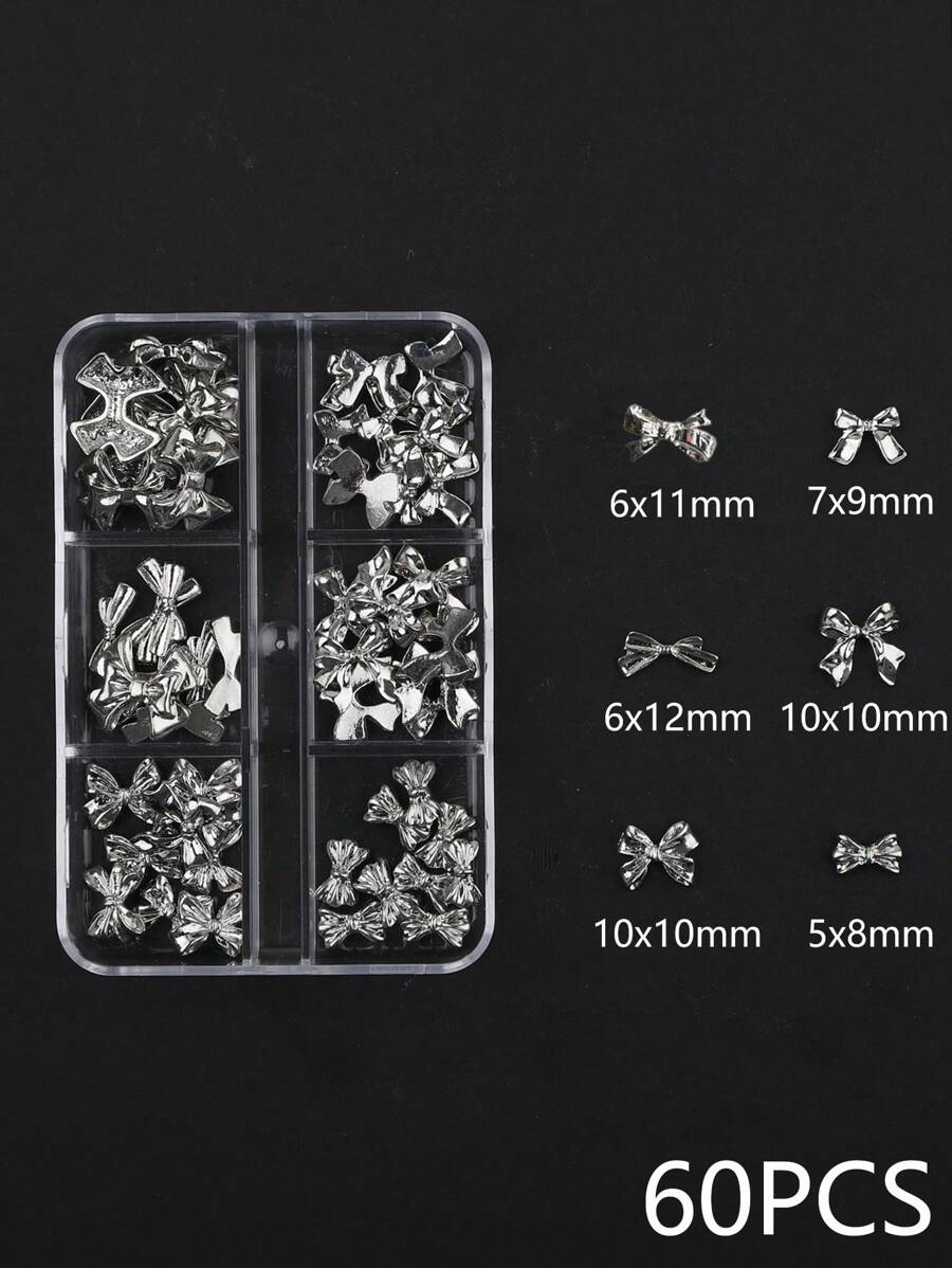 60 pezzi Decorazioni per unghie in metallo argento a forma di fiocco, accessori di lusso per manicure fai-da-te, parti in lega di alluminio 3D a forma di fiocco e nastro argento