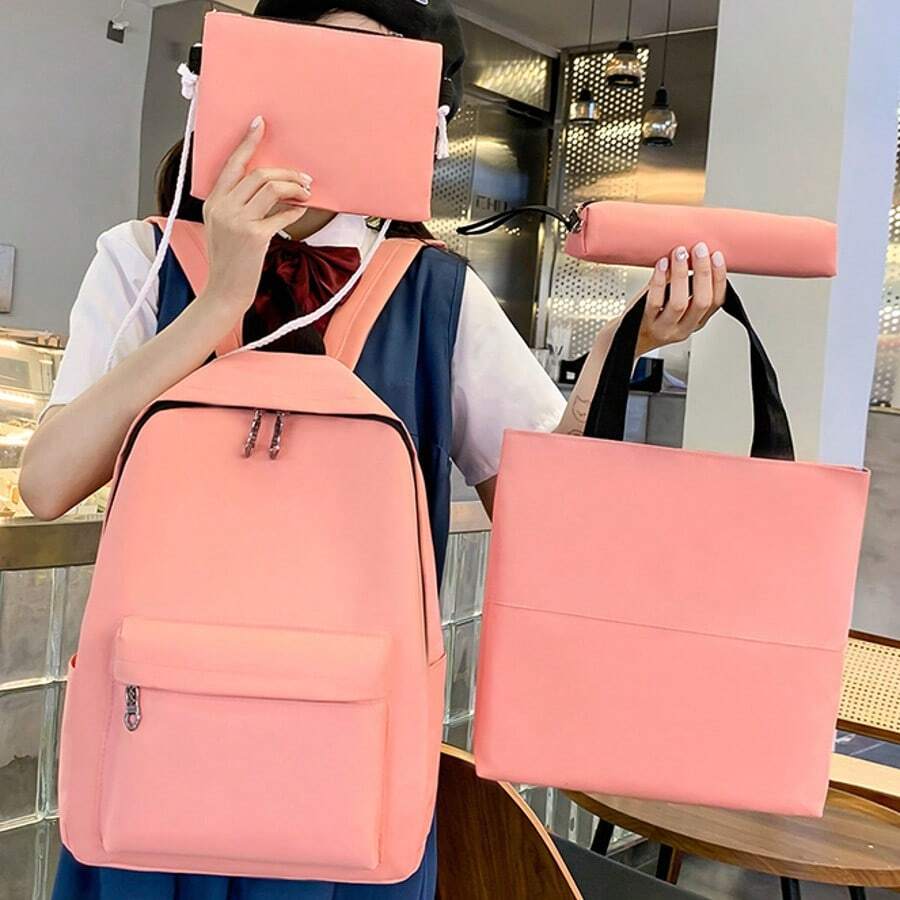 4pcs Back To School Set: Backpack, Stationery Bag, Document Bag, Mini Crossbody Bag, College Style, Solid Color, Large Capacity