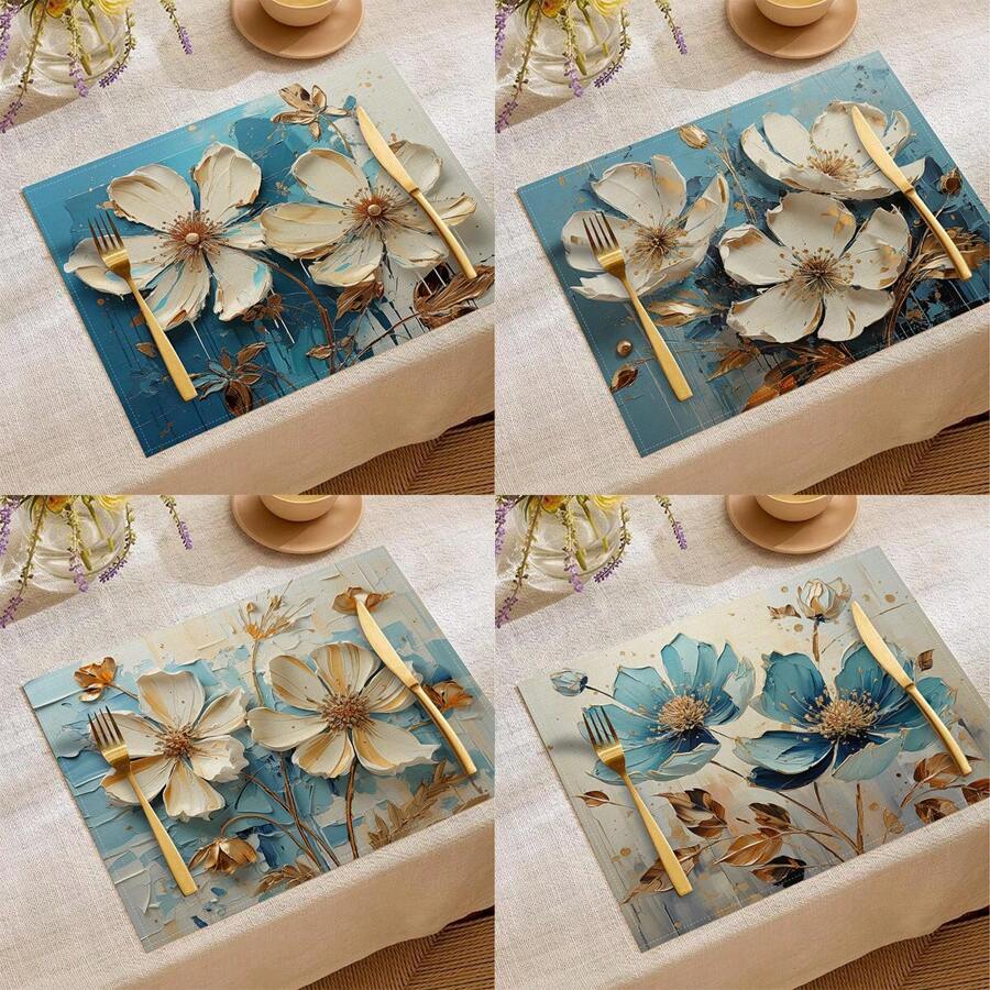 1pc/4pcs/6pcs Decorative Placemats, Watercolor Peony Linen Placemats, Easy To Clean, Suitable For Home, Restaurant, Dining Table Decor, Household Items