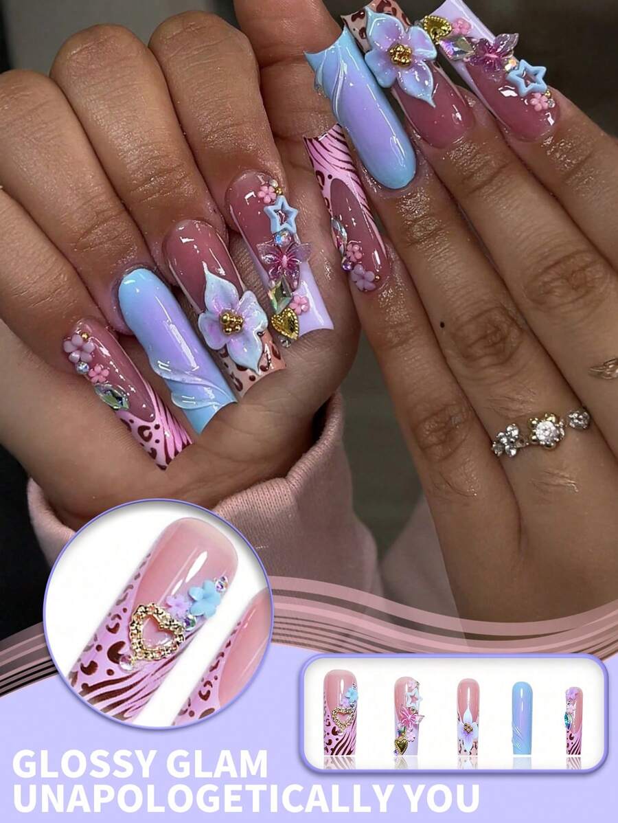 24pcs Leopard Print Blue Ombre French Floral Fake Press-On Nails, Ballerina Shape Long Nail Tips With Jelly Gel And Nail File Included, Suitable For All Ladies