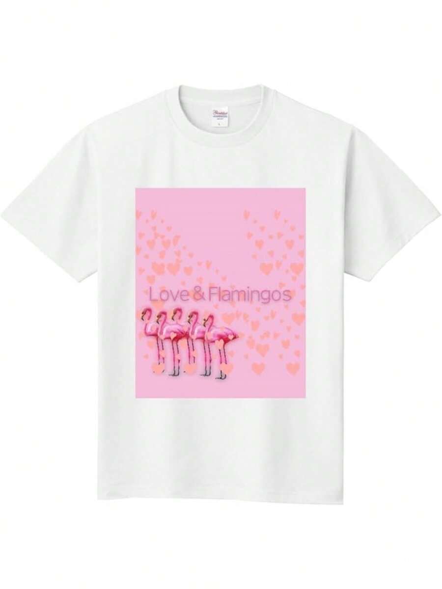 1 Piece Casual Crew Neck Short Sleeve T-Shirt For Girls 100% Cotton Flamingo And Love Themed Motif Digital Print 220g Heavy T-Shirt