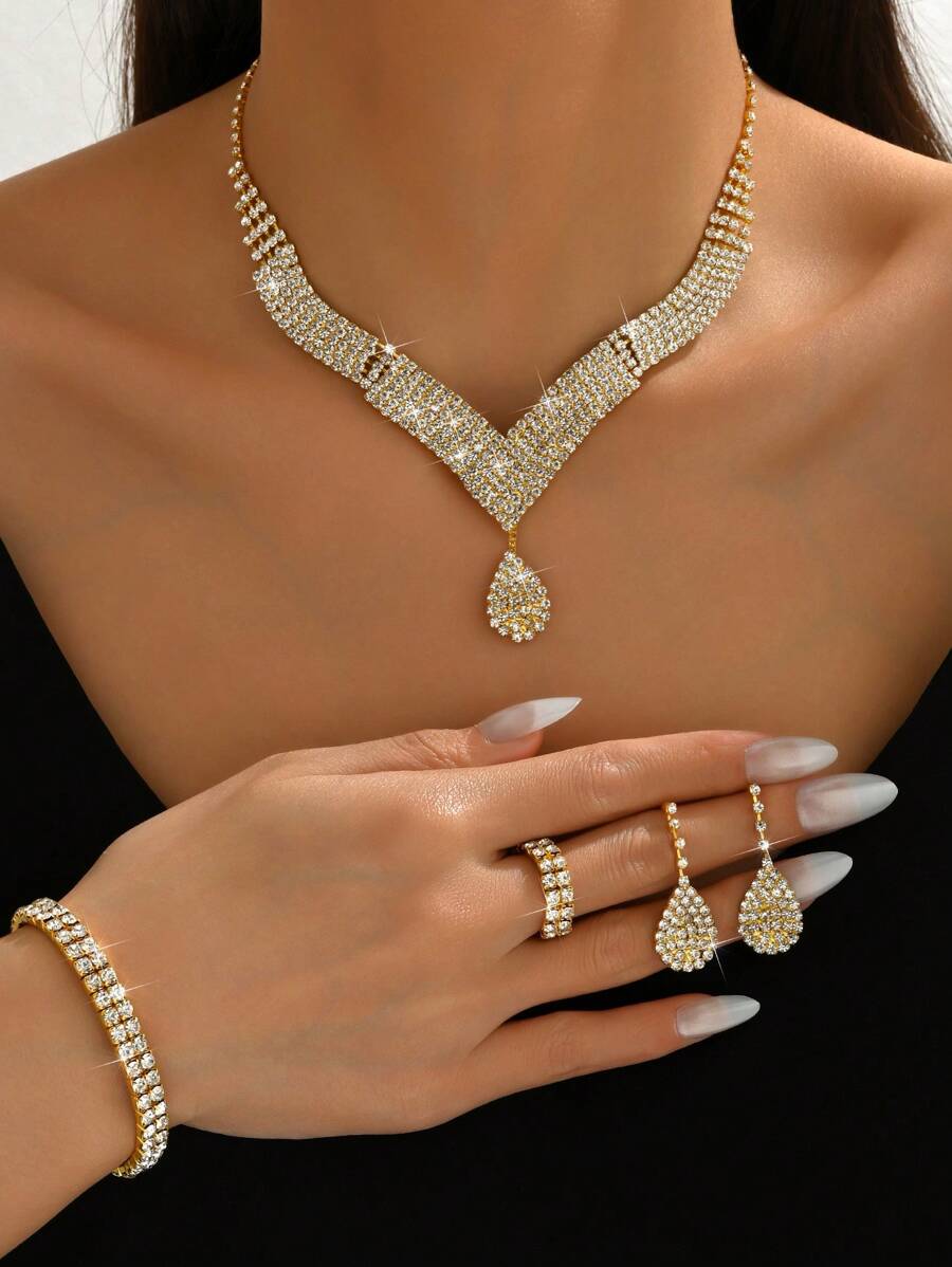 5 Stücke/Set Schmuckset für Frauen: Halskette, Ohrringe, Armband, Ring, Strassen Braut Hochzeit Accessoires
