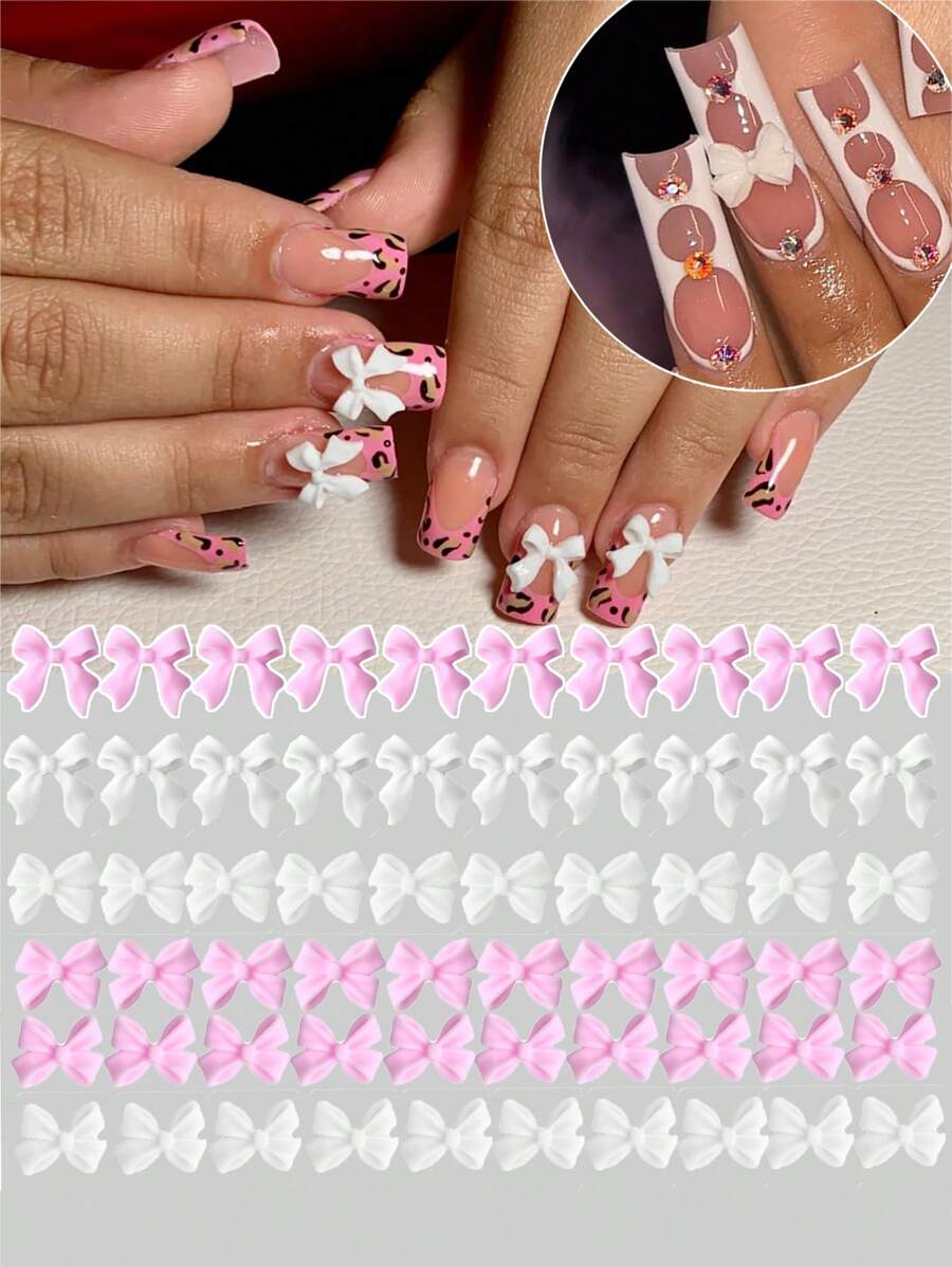 100 piezas/bolsa Decoraciones de uñas de arte con lazos rosa y blanco, set de decoración de resina 3D de estilos variados, adecuado para escenarios, fiestas, uñas de ataúd, uñas francesas almendradas, uñas largas/cortas, uñas ovaladas/cuadradas, manualidades de joyería, diseño de birretes de graduación, decoración de estuches de teléfono