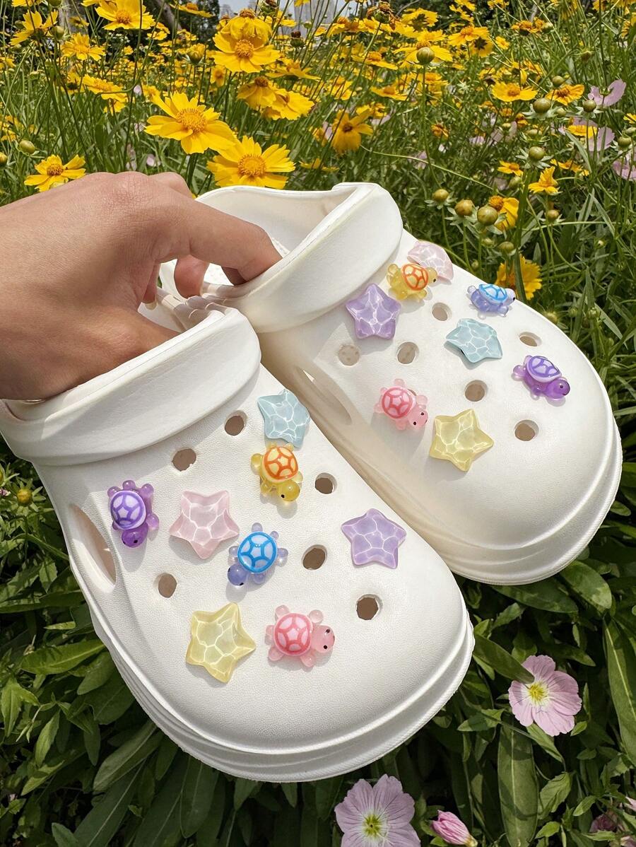 16pcs Cute Casual (4 Colors Turtles, Wavy Star) Shoe Clips, DIY Decorations, Multi-Functional Accessory For Women's Sandals, Slippers, Beach Bags - Perfect Gift For Festivals And Special Occasions