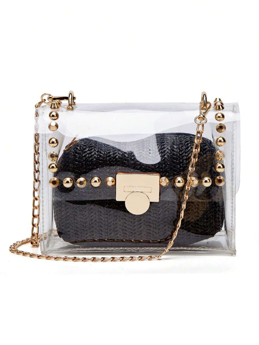 Bolso de cadena transparente, nuevo bolso de gelatina transparente para mujer, bolso cuadrado de hombro versátil con cadena tejida, adecuado para salir, ir al trabajo, regalar y uso diario, verano