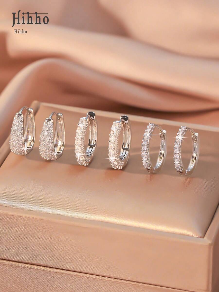 Hihho Set de 6 piezas de aretes de aro con forma de U y redondos de circonita cúbica, un regalo de joyería de lujo, el mejor regalo de joyas elegantes para mujer para días festivos, San Valentín