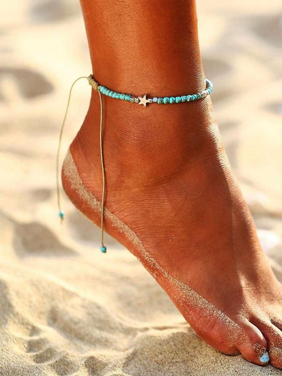 1 pièce Style bohème de plage Bracelet de cheville avec étoile de mer et pierres de turquoise, convient pour le port quotidien des femmes