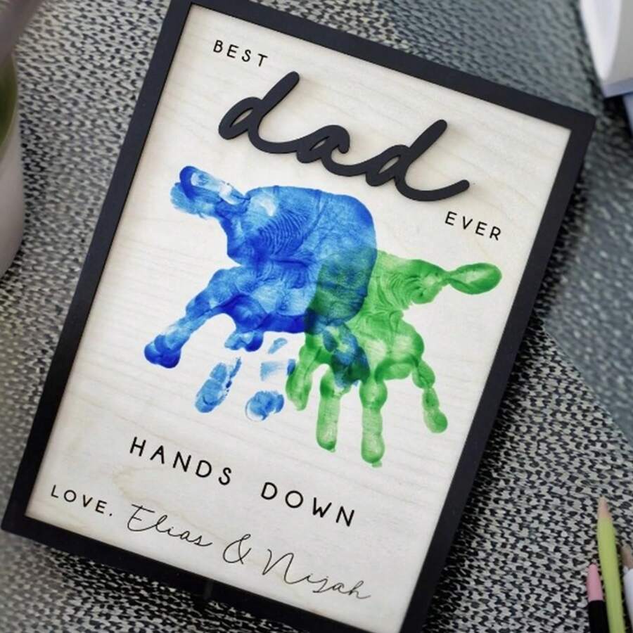 El mejor papá, por siempre en mis manos - Cartel de madera para el Día del Padre con huella de mano, estilo clásico 3D, decoración del hogar multiusos, sin necesidad de energía o batería, texto en inglés, regalo perfecto para papá, regalo del Día del Padre, sorpresa del Día del Padre
