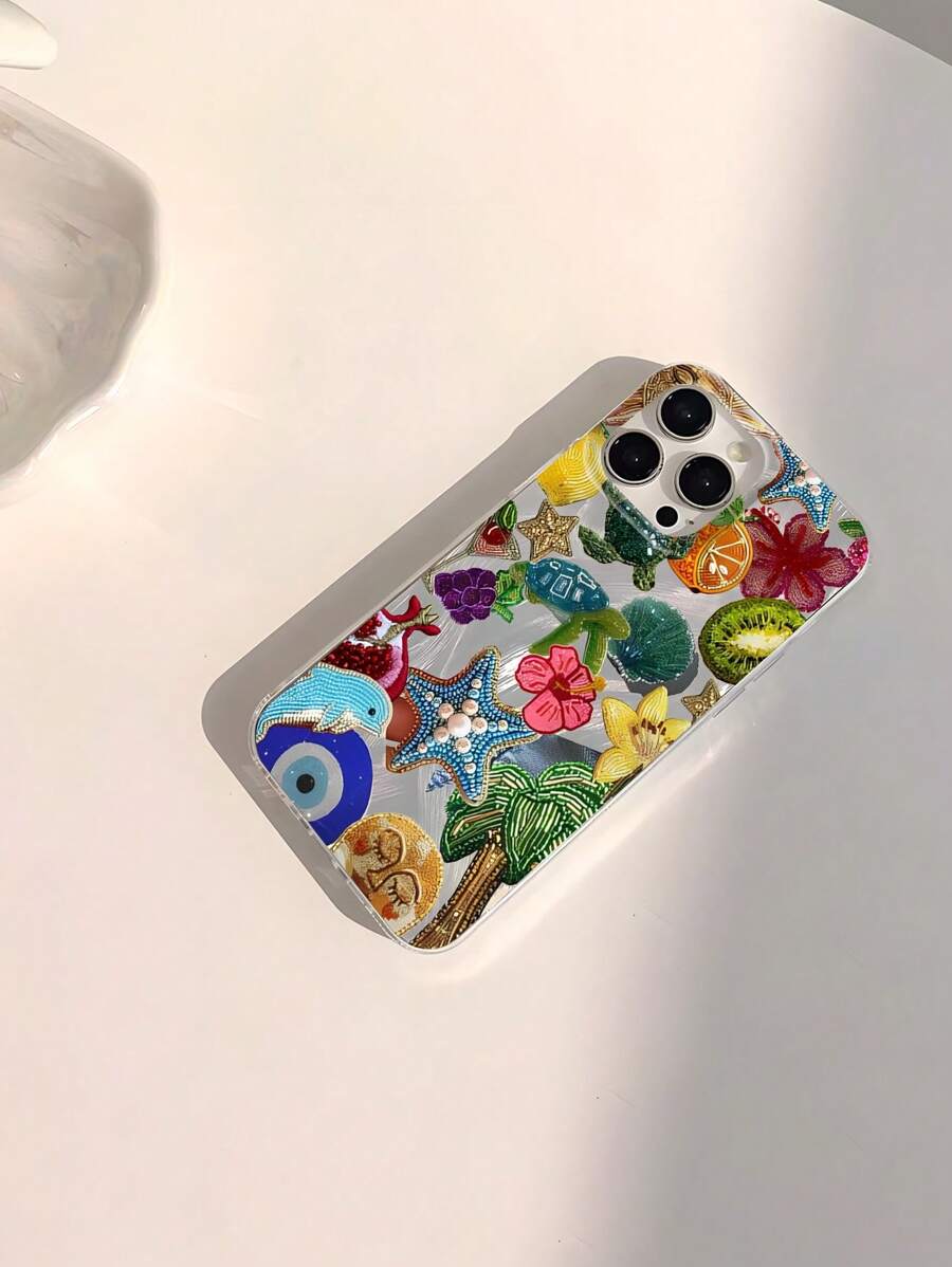 1 pièce Étui de téléphone portable doux, imperméable, anti-chute et antidérapant, avec motif de vie océanique et palmier en patchwork, compatible avec les téléphones Apple