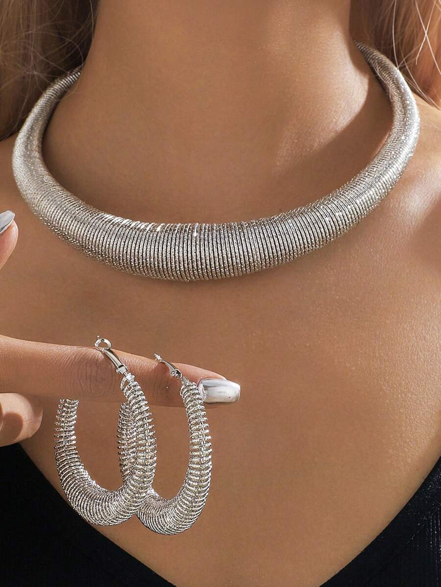 3 Stücke minimalistisches Silber Metall Chunky Halsketten und Ohrring Schmuckset