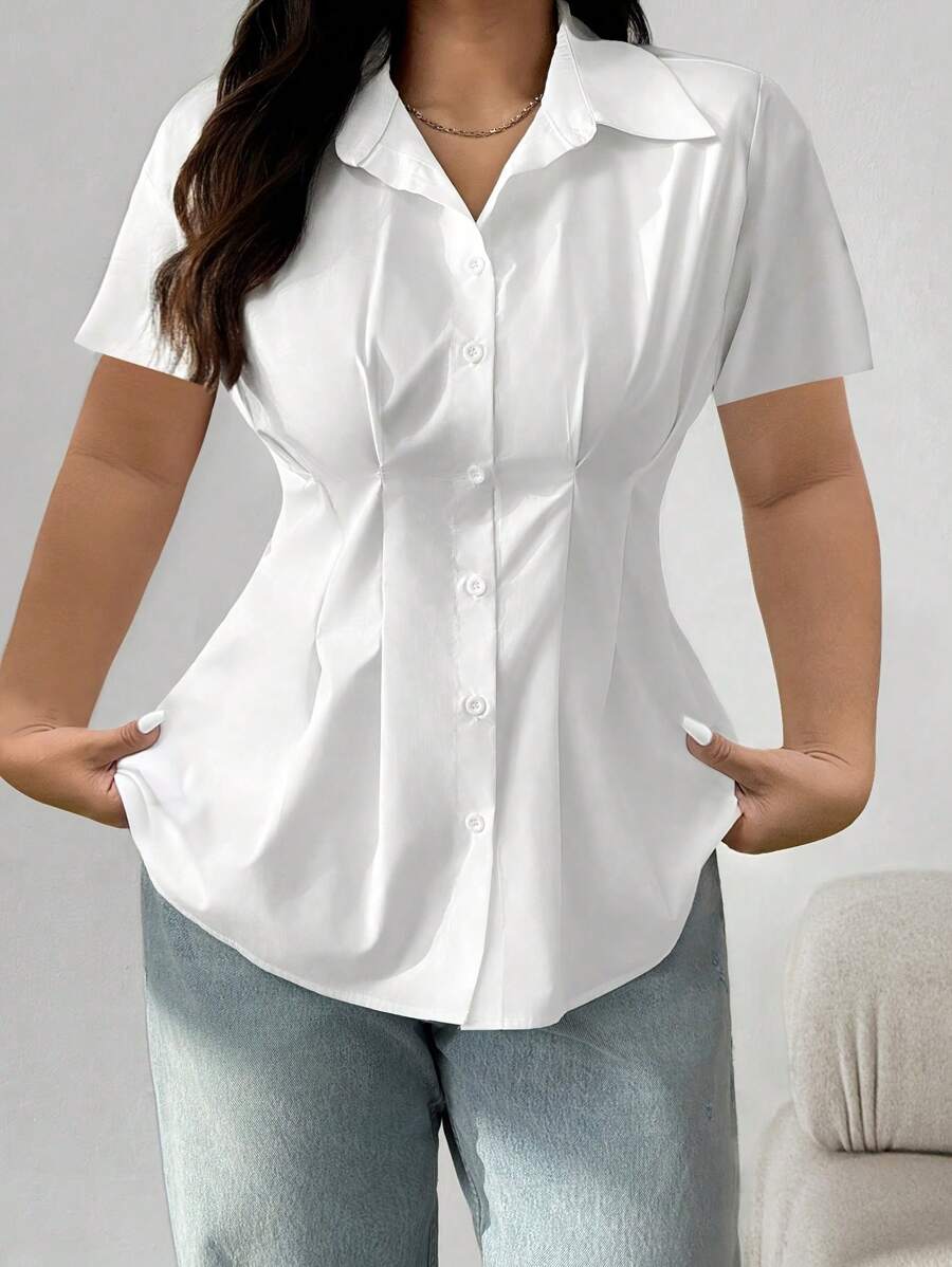 Plus Size Elegant Solid Color Short Sleeve Button Down Shirt - Casual Weekend Top, Collared, Non-Stretch Fabric, Suitable For All Seasons, Casual Outfit | Elegant Shirt | Fashionable Button Shirt